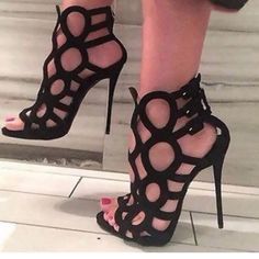 Size Unknown; Fits Like A 7.5/8 Black Suede Gently Used Designer Black Strappy Sandals, Designer Black Strappy Heels, Glamorous Black Strappy Heels, Designer Strappy Sandals For Party, Glamorous Black Strappy Sandals, Caged Shoes, Gladiator Sandals Heels, Giuseppe Zanotti Heels