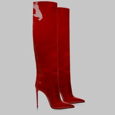 Size 39 Tubular Pointed Toe Boot In Patent Leather With 120mm Stiletto Heel Upper: Patent Leather Interior: Genuine Leather Fit: Regular Non-Slip Sole Heel Height: 120mm | 4,8" Inches Heel Height: 100mm | 4,0" Inches Handcrafted Footwear 100% Made In Italy Formal Fitted Heeled Boots With Red Sole, Elegant High Heel Boots With Red Sole, Red Fitted Elegant Boots, Fitted Red Elegant Boots, Elegant Fitted Red Boots, Red Fitted Patent Leather Heeled Boots, Elegant Red Boots With Reinforced Heel, Fitted Red Patent Leather Heeled Boots, Elegant Red Patent Leather Boots