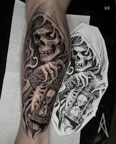 two tattoos on the legs of people with skulls and bones in them, one is holding a