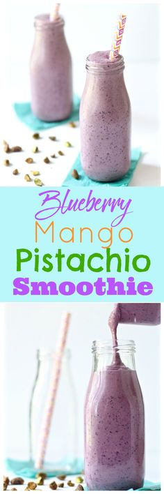 blueberry mango pistachio smoothie in a mason jar with a straw on top