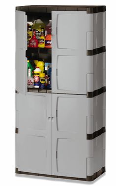 a white refrigerator with two doors and shelves filled with food, drinks and condiments