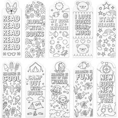 coloring bookmarks with the words read, read, read and read written on them