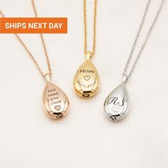 three different necklaces with the words mom, dad and child engraved in gold or silver