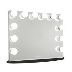 a large mirror with lights on top of it