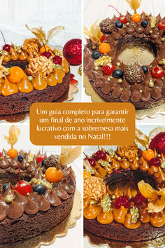 the cake is decorated with fruits and nuts on it's sides, along with chocolate frosting