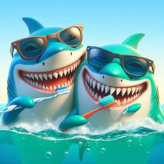 two cartoon sharks wearing sunglasses and toothbrushes in the water