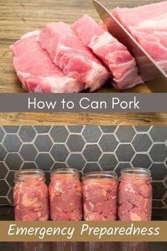 jars filled with meat sitting on top of a wooden table