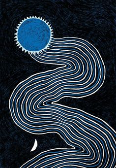 a blue and white painting with lines in the shape of a sun on it's face