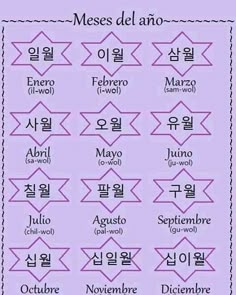 an image of the korean language in different languages, including english and chinese words on purple paper