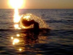 a person swimming in the ocean at sunset