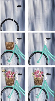 four pictures of a bicycle with flowers in the basket