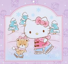 an image of a hello kitty playing with a teddy bear on the ice skating rink