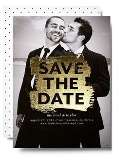 save the date card with two men kissing each other