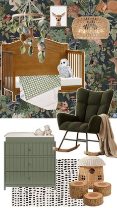 a baby's room with an animal theme and green accents, including a rocking chair