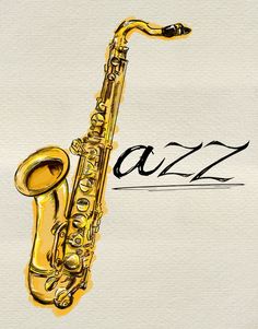 a drawing of a saxophone on paper with the word jazz written in black and gold ink