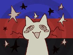 a white cat with stars on it's head in front of a red, blue and black background