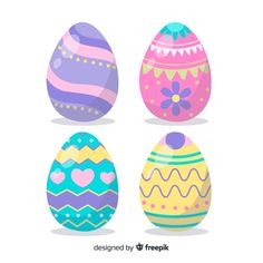 four colorful easter eggs with different designs