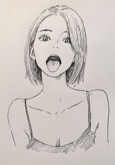 a drawing of a woman making a funny face with her mouth open and tongue out