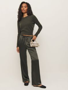 New silky. Shop the Olina Silk Pant from Reformation, a pant that is fitted in the waist with a relaxed fitting leg. Casual Silk Wide Leg Loungewear Pants, Casual Silk Straight Leg Pants, Chic Silk Pants With Relaxed Fit, Casual Silk Bottoms For Workwear, Chic Viscose Wide Leg Pants For Fall, Fall Viscose Wide-leg Pants, Fall Wide-leg Viscose Pants, High-waisted Viscose Pants For Fall, Fall High-waisted Viscose Pants