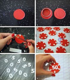 the instructions for making red and white plastic numbers are shown in four different stages, including cutting