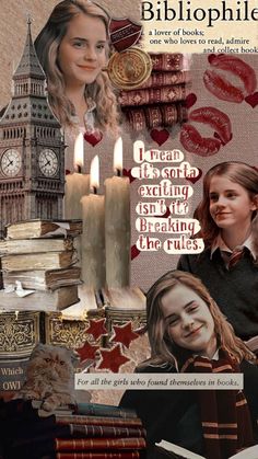 a collage of photos with books and candles