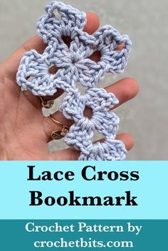 a crocheted snowflake is shown with text that reads lace cross bookmark