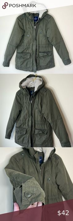 American Eagle Olive Green Sherpa Hood Utility Style Heavy Jacket Size M Heavy Jacket, Utility Style, Sherpa Lined, Outerwear Coats, Military Green, Olive Green, American Eagle Outfitters, American Eagle, Plus Size