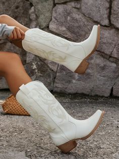 Women's Retro Embroidered Western Cowgirl Boots, Autumn White         Women Shoes, size features are:Bust: ,Length: ,Sleeve Length: Low Heeled Boots, Black Cowgirl Boots, Cowboy Shoes, Low Heel Boots, Cowboy Boots Women, White Boots, Western Cowboy Boots, Girls Boots