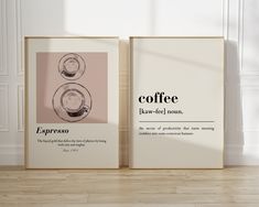 two framed posters with coffee and espresso on them in front of a white wall