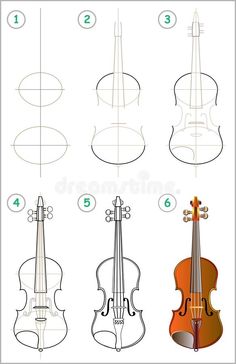 how to draw a violin with pictures on the front, side and back view stock photo