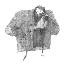 a black and white drawing of a man with a beard in a coat talking on a cell phone