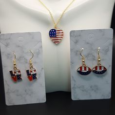 Nwt 3 Pack Giadasio Handmade Gold Plated America Red/White/Blue Usa Jewelry Set 1 Necklace 20 Inch Chain W/ Charm 2 Pairs Of Earrings (Will Come With Rubber Backs) Perfect For Fourth Of July, Patriotic Festival- More Packs Available In Closet; Bundle And Save Cherry Drop Earrings, Czech Glass Necklace, Blue Topaz Jewelry, Usa Jewelry, Topaz Jewelry, Mini Studs, Gold Statement Necklace, Jewelry Fashion Trends, Heart Brooch