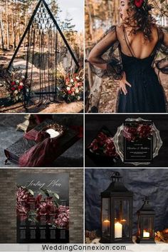 a collage of photos with flowers, candles and decorations in the middle of them