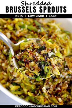 shredded brussels sprouts in a white bowl with a spoon