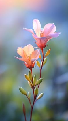 two pink flowers with green stems in the foreground and blurry background behind them