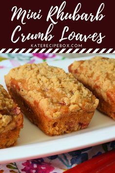 mini rhubarb crumb loaves on a white plate