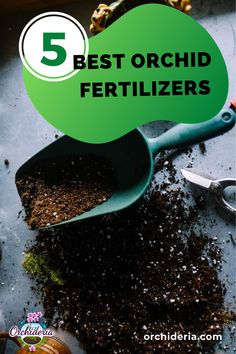 gardening tools and dirt with the words 5 best orchid fertilizers on it