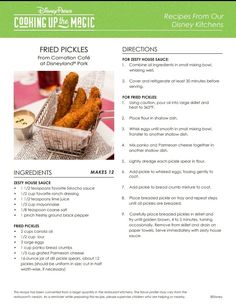 the recipe for fried pickles is shown in this brochure, with instructions