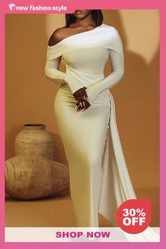 White Off-Shoulder Ruched Maxi Dress Long Sleeve Draped Tail Cocktail Party Bodycon Evening Gown Maxi Dress White Maxi Dress Wedding, Dress Banquet, Ruched Maxi Dress, Long Sleeve Cocktail Dress, Maxi Gown Dress, Female Clothing, Solid Color Dress, White Off Shoulder, Maxi Dress Evening