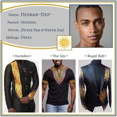 three different styles of men's clothing with gold details on the collar and chest