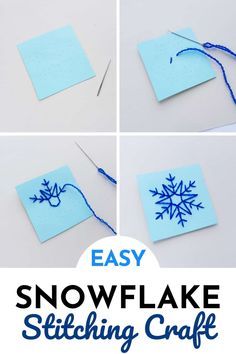 easy snowflake stitching craft for kids to make with yarn and paper,