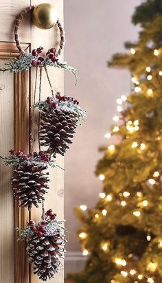 pine cones are hung on the wall next to a christmas tree