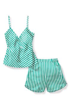 Drift off to dreamland in the luxury of whisper-light silk pajamas—this perfectly giftable set pairs a camisole with elastic-waist shorts. Camisole has V-neck; adjustable straps Shorts have elastic waist 100% silk Machine wash, dry flat Imported Chic V-neck Summer Sleepwear, Green Sleepwear For Summer Pajama Party, Green Summer Sleepwear For Pajama Party, Green Sleep Sets For Summer, Green Sleepwear Sets For Summer, Chic Short Sleepwear For Loungewear, Green Satin Sleepwear For Summer, Green V-neck Sleepwear For Summer, Summer Satin Sleepwear