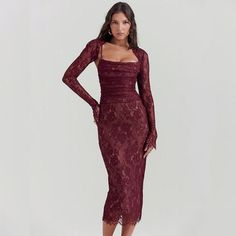 Unleash Your Inner Elegance Step into a world of sophistication and style with our Spaghetti Strap Lace Bodycon Dress, a perfect blend of allure and comfort for the modern woman. Designed for those special nights out, this dress ensures you stand out with its elegant lace detailing and figure-hugging silhouette. Key Features and Benefits The dress boasts a combination of polyester and spandex, providing both durability and stretch for a flattering fit. The synthetic fiber material composition pr Autumn Wedding Guest Dress, Lace Red Dress, Bodycon Lace Dress, Pink Anarkali, Dresses Nightclub, Hugging Silhouette, Red Bodycon Dress, Dress With Sleeves, Lace Decor