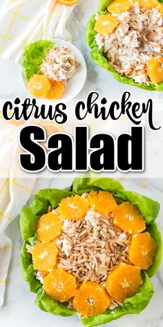 citrus chicken salad in lettuce cups with oranges