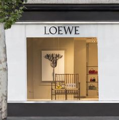 a store front window with a chair and vase in the window, next to a tree