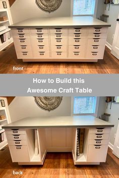 two pictures showing how to build an awesome craft table with drawers and shelves in the middle