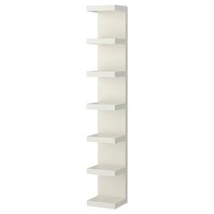 a tall white shelf with five shelves on each side