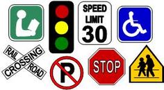 various traffic signs and symbols are displayed on a white background