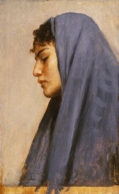 a painting of a woman wearing a blue shawl and looking down at her left shoulder